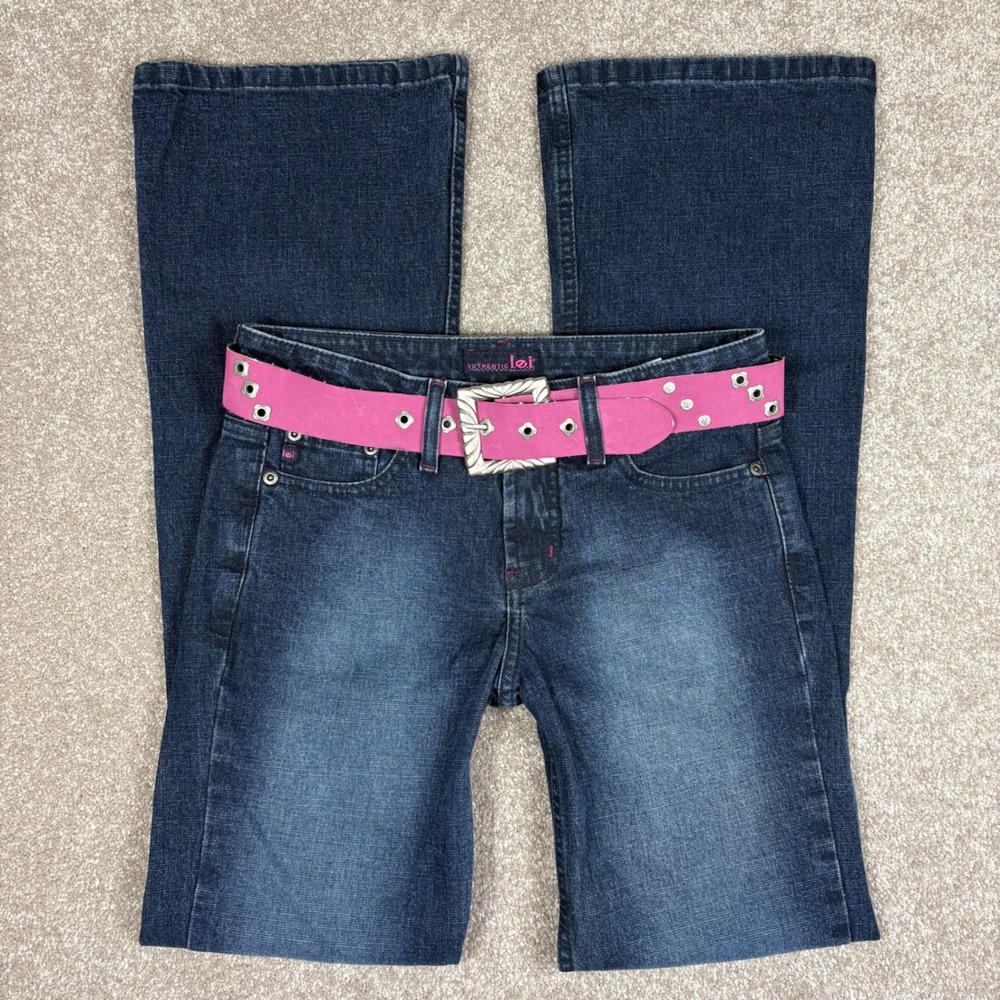 Authentic LEI Dark Wash Flare Jeans Low Rise Y2K Pink Belted 2A22118L Size 1